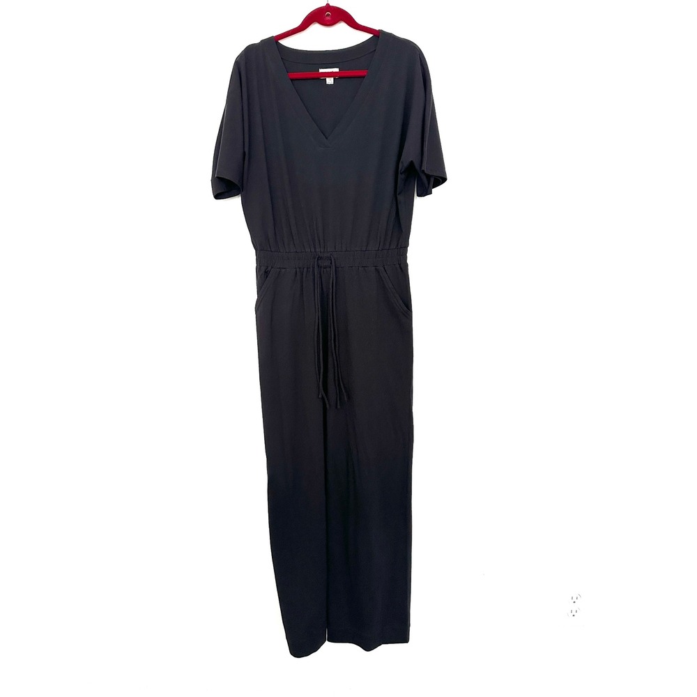 Pact Jumpsuit Womens Medium Black V Neck Short Sleeve Tie Waist Wide Leg Pockets
